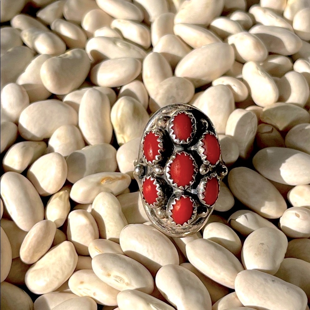 native American vintage Saddle sterling Silver and Red coral Ring - Picture 2 of 7
